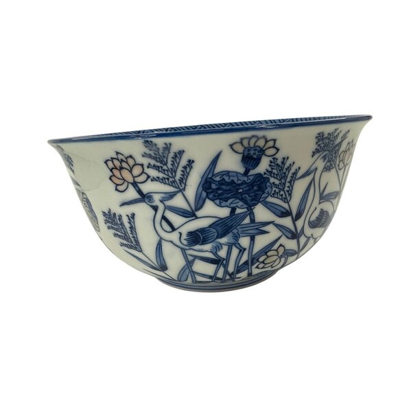 Blue & White Porcelain Bowl Floral & Crane - Picture 1 of 8